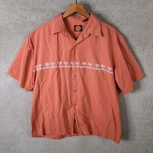 Vintage Bulls Eye Shirt Men XL Coral Palm Tree Embroidered Linen Blend Button Up